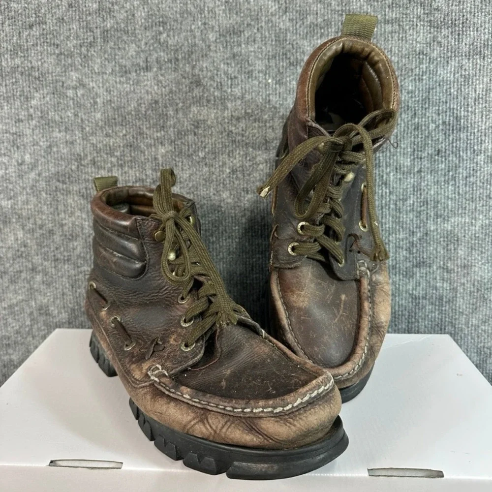 Polo Ralph Lauren Ranger Brown Leather Moc Toe Lug Sole Lace Up Boots Mens 10.5